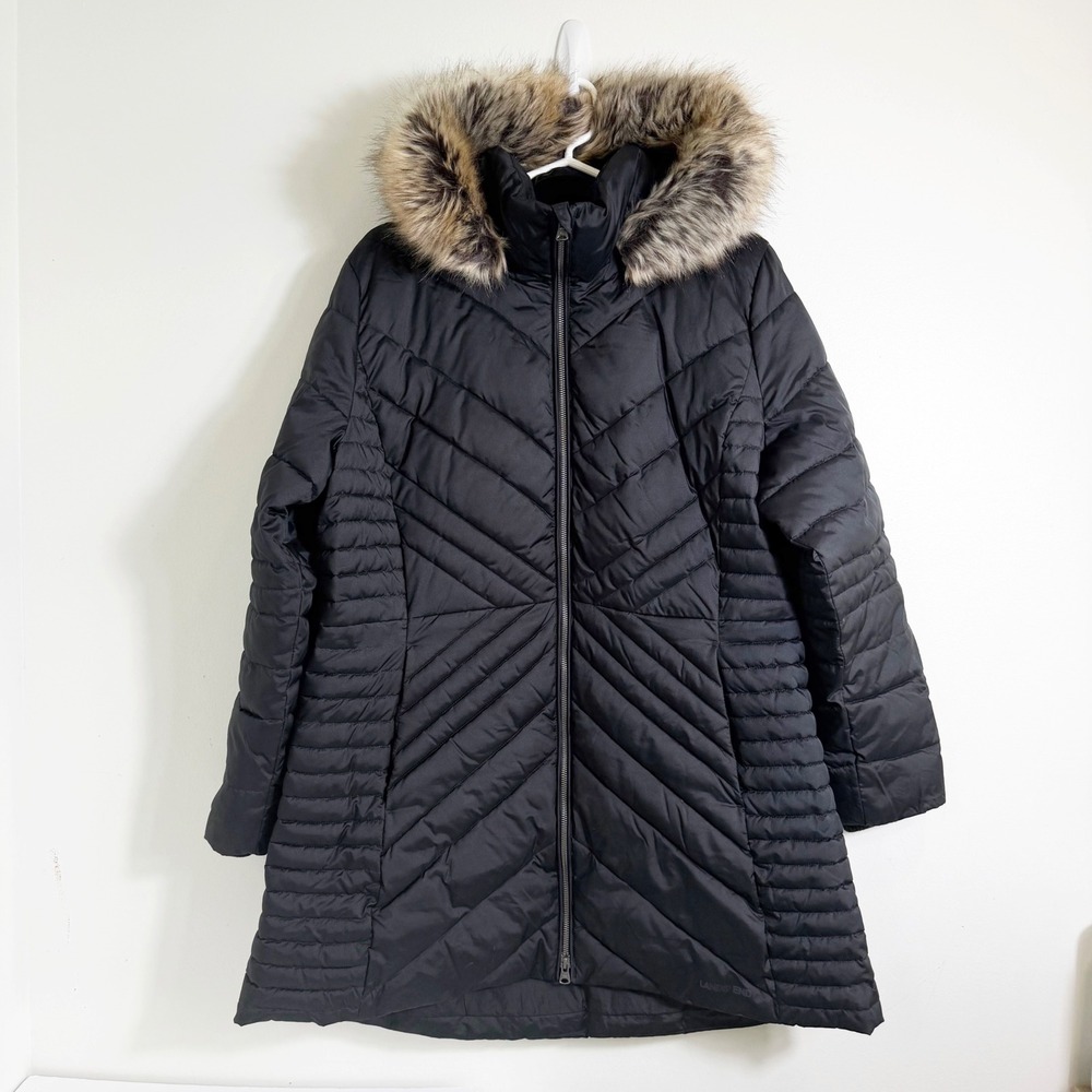 Lands End Puffer Parka Women XL 18 Petite Black Fur Hood Quilted Insulated Coat